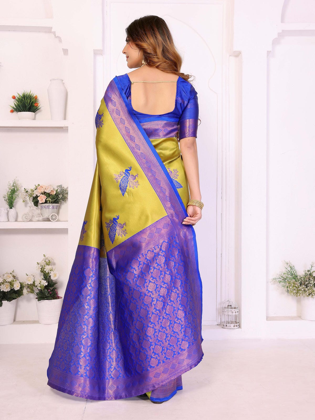 Banarasi Silk Saree in Olive Green & Royal Blue with Woven Peacock Motifs and Designer Border - Filiate