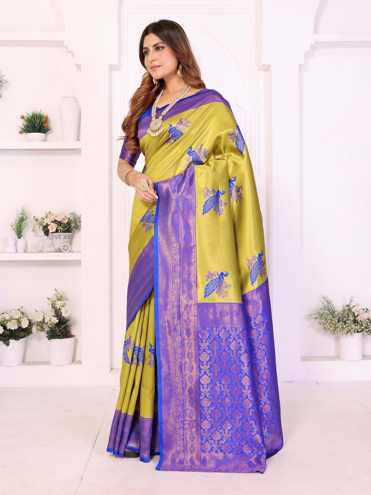 Banarasi Silk Saree in Olive Green & Royal Blue with Woven Peacock Motifs and Designer Border - Filiate