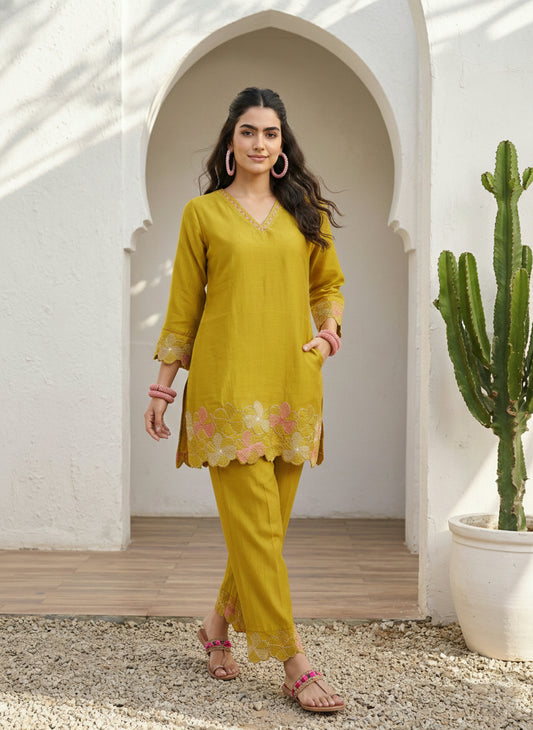 Mustard Yellow Embroidered Cotton Co-Ord Sets