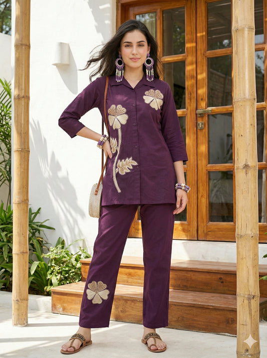 Plum Purple Embroidered Cotton Co-Ord Sets