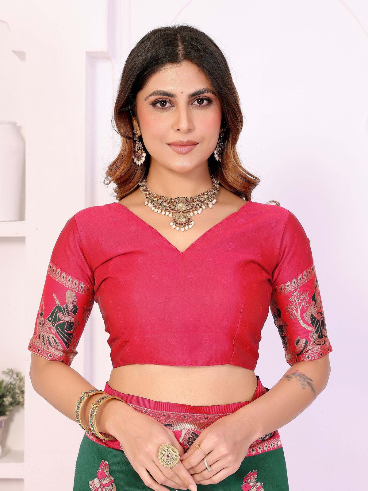 Green & Pink Traditional Printed Saree with Intricate Heritage Motifs – Festive & Wedding Wear - Filiate