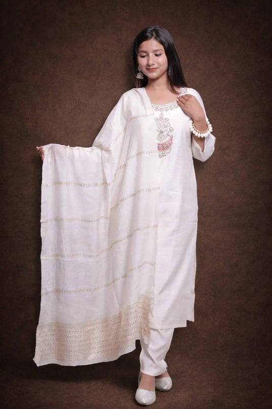 White Embroidered Kurta Set with Dupatta for Women | Elegant Festive Ethnic Wear