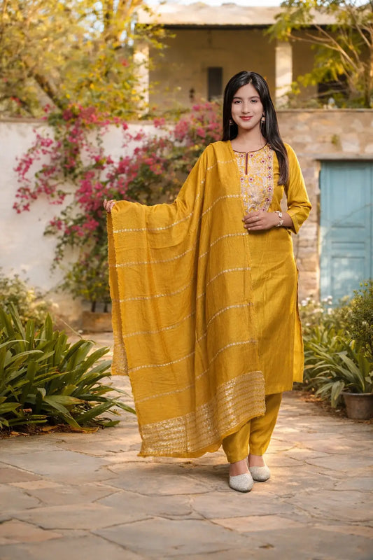Mustard Yellow Kurta Set with Dupatta for Women | Festive & Ethnic Wear