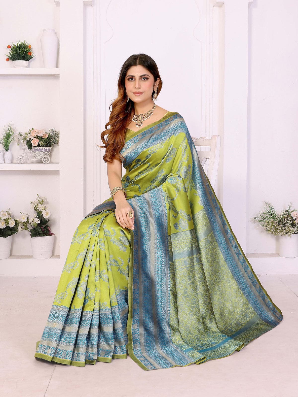 Lime Green & Sky Blue Banarasi Silk Weaving Saree with Rich Traditional Zari Border - Filiate