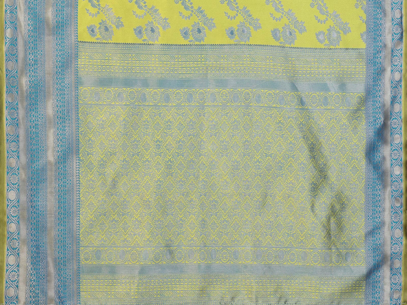 Lime Green & Sky Blue Banarasi Silk Weaving Saree with Rich Traditional Zari Border - Filiate