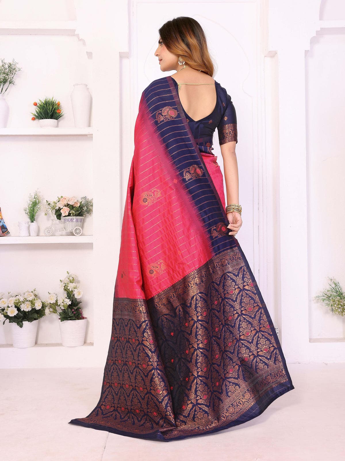 Pink & Navy Blue Banarasi Silk Weaving Saree with Rich Golden Zari Border - Filiate