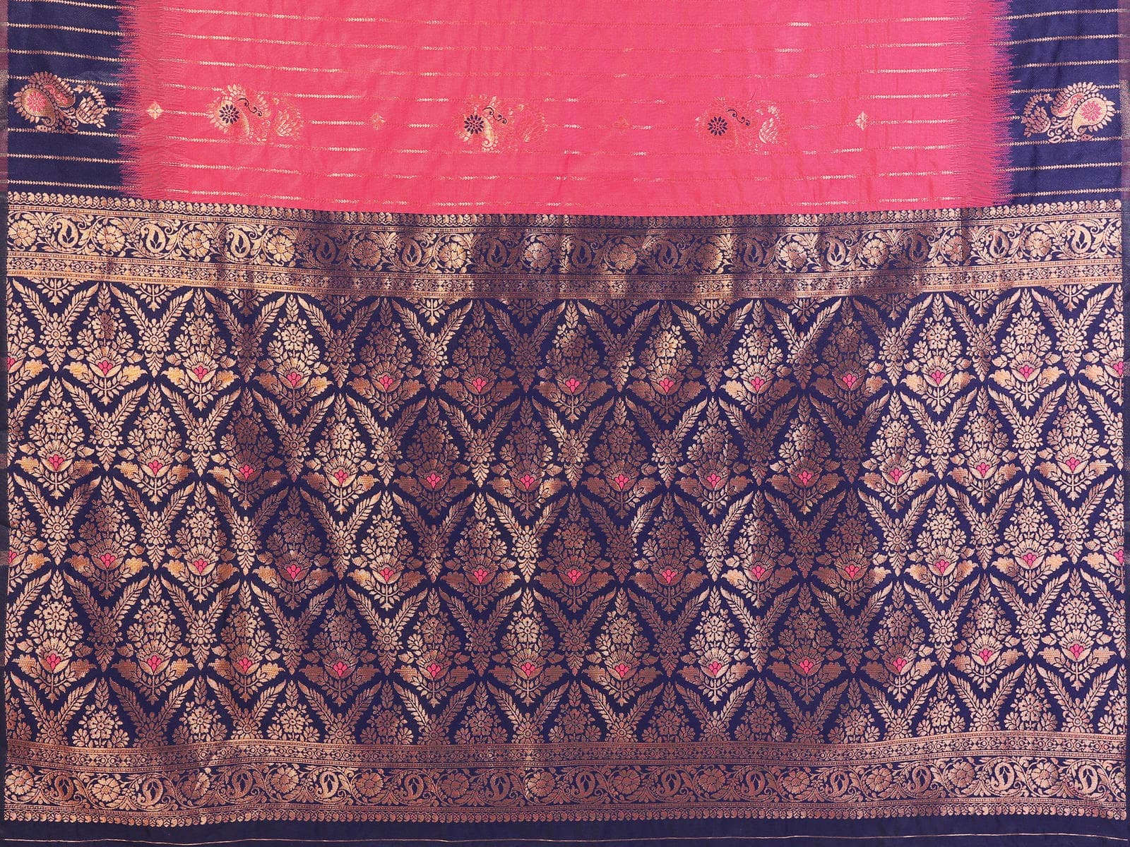 Pink & Navy Blue Banarasi Silk Weaving Saree with Rich Golden Zari Border - Filiate