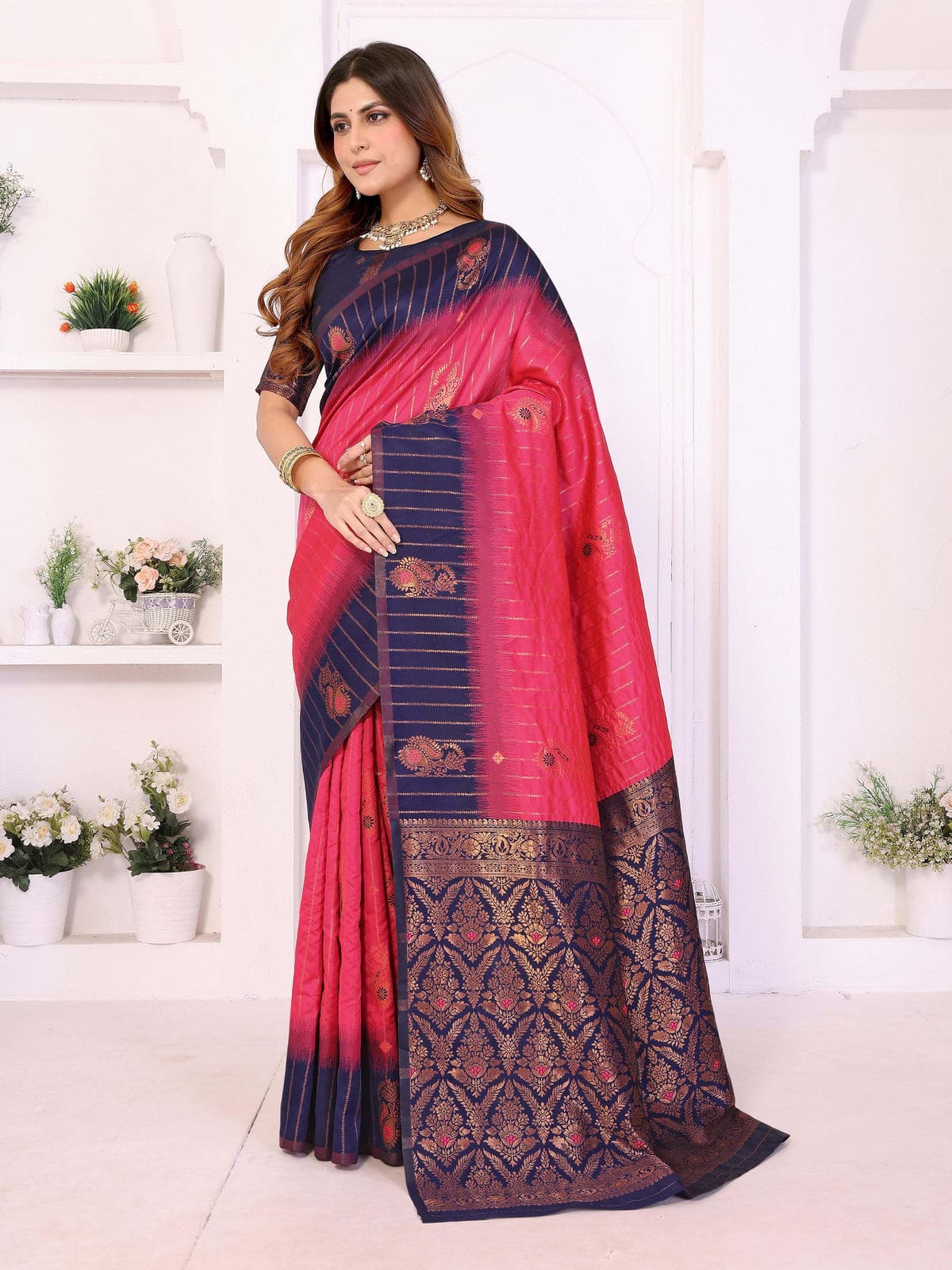 Pink & Navy Blue Banarasi Silk Weaving Saree with Rich Golden Zari Border - Filiate