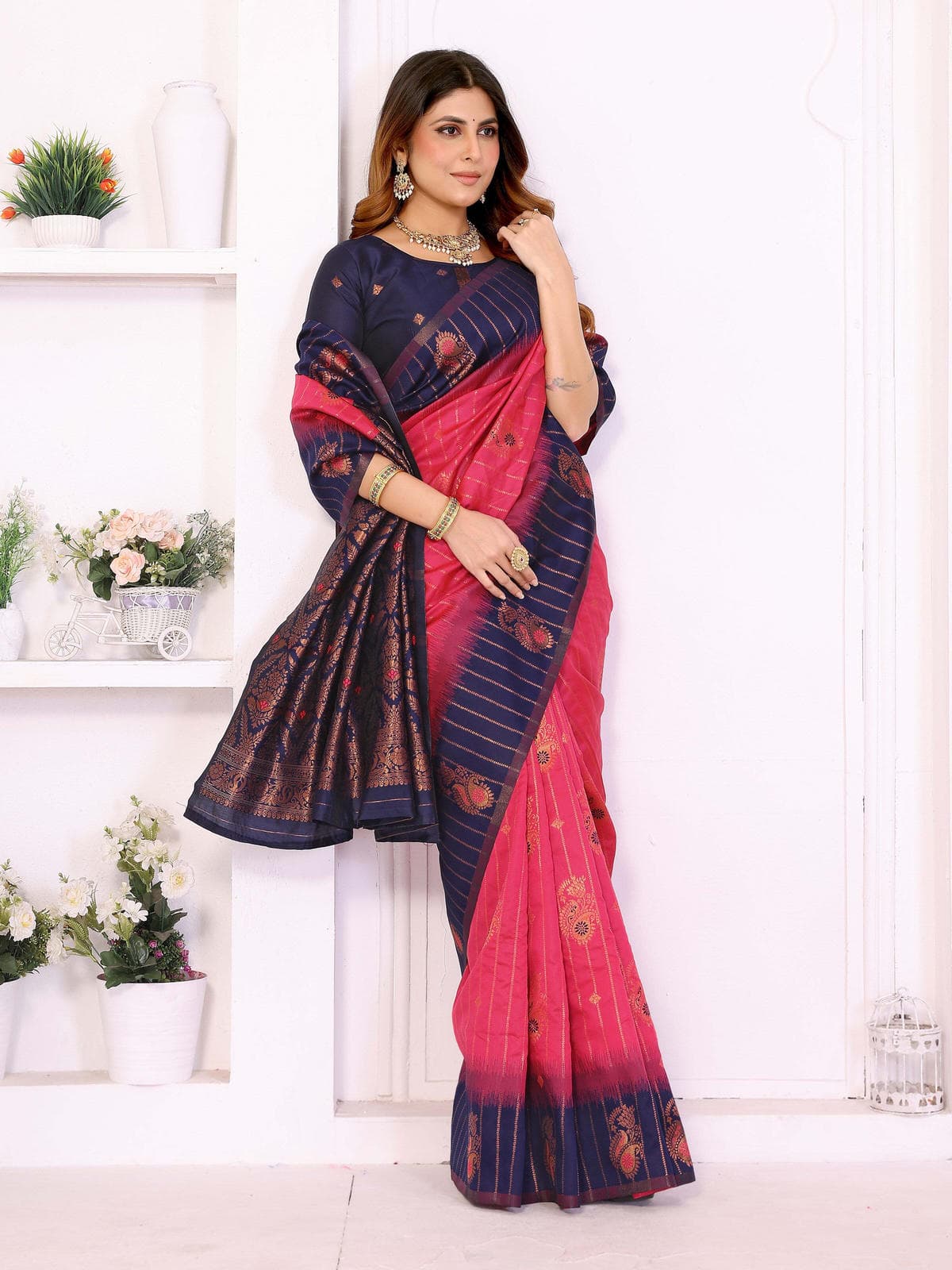 Pink & Navy Blue Banarasi Silk Weaving Saree with Rich Golden Zari Border - Filiate