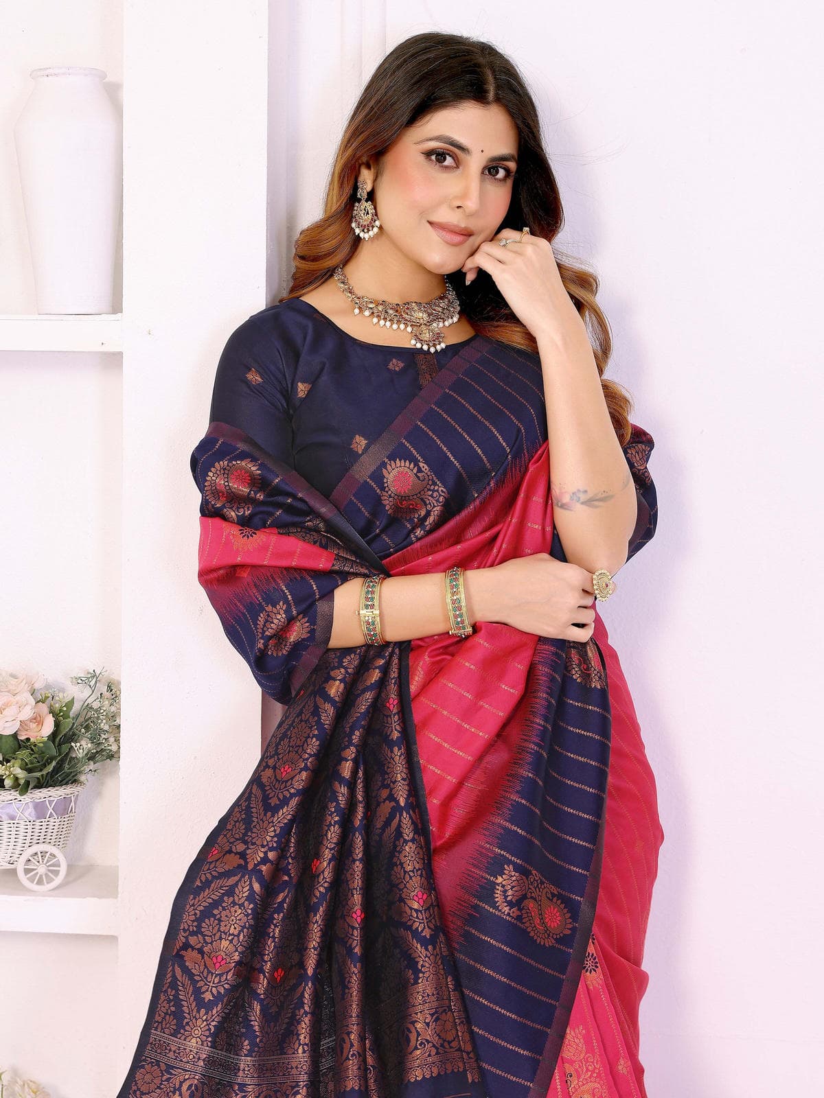 Pink & Navy Blue Banarasi Silk Weaving Saree with Rich Golden Zari Border - Filiate