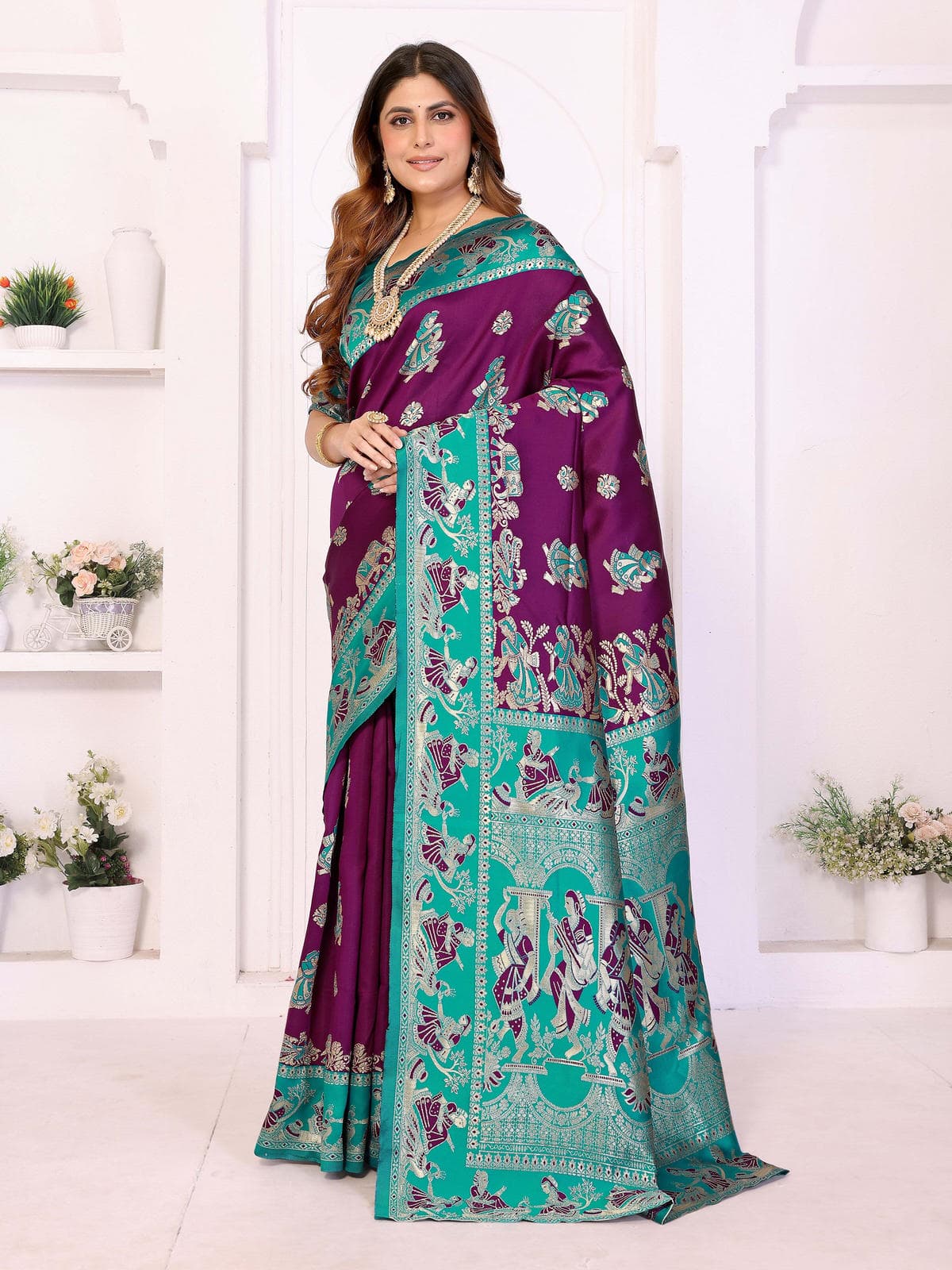 Plum & Teal Traditional Printed Saree with Rich Pallu Design – Elegant Festive & Wedding Wear - Filiate