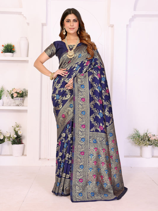 Navy Blue Banarasi Silk Saree with Gold Zari Weaving & Multicolor Floral Motifs