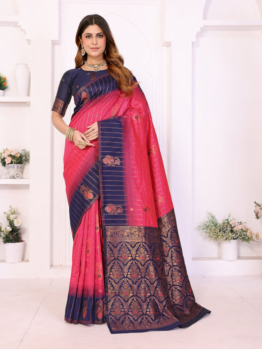 Pink & Navy Blue Banarasi Silk Weaving Saree with Rich Golden Zari Border
