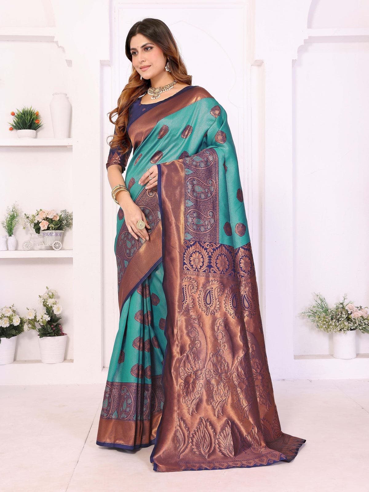 Teal & Copper Woven Saree with Intricate Paisley Motifs – Premium Festive & Wedding Wear - Filiate