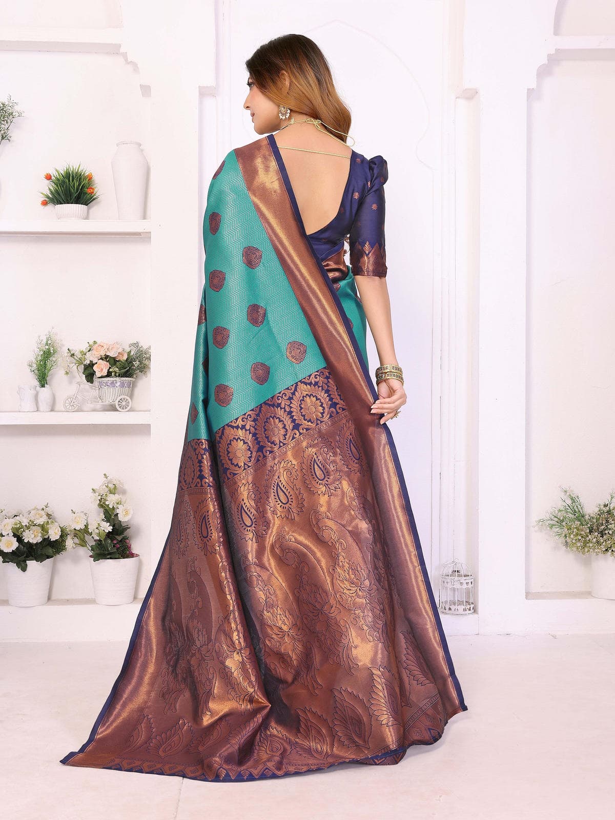 Teal & Copper Woven Saree with Intricate Paisley Motifs – Premium Festive & Wedding Wear - Filiate
