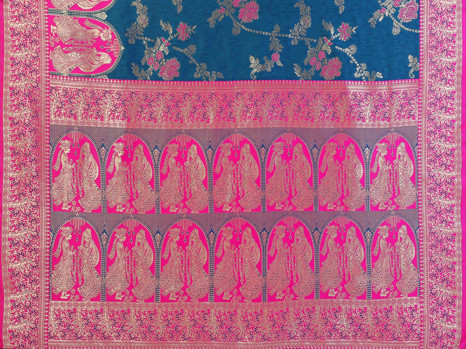 Teal & Hot Pink Traditional Woven Saree with Rich Golden Motifs – Festive & Wedding Wear - Filiate