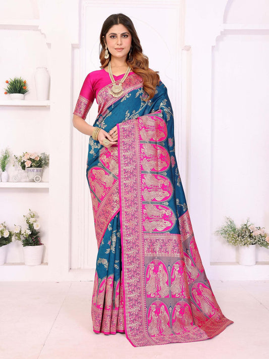 Teal & Hot Pink Traditional Woven Saree with Rich Golden Motifs – Festive & Wedding Wear - Filiate