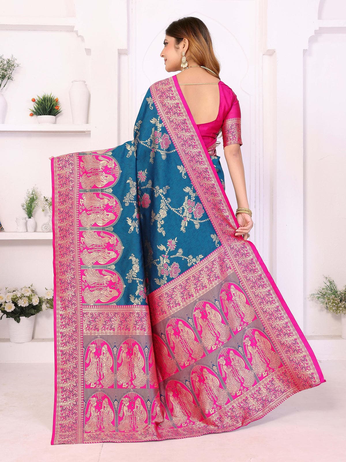 Teal & Hot Pink Traditional Woven Saree with Rich Golden Motifs – Festive & Wedding Wear - Filiate