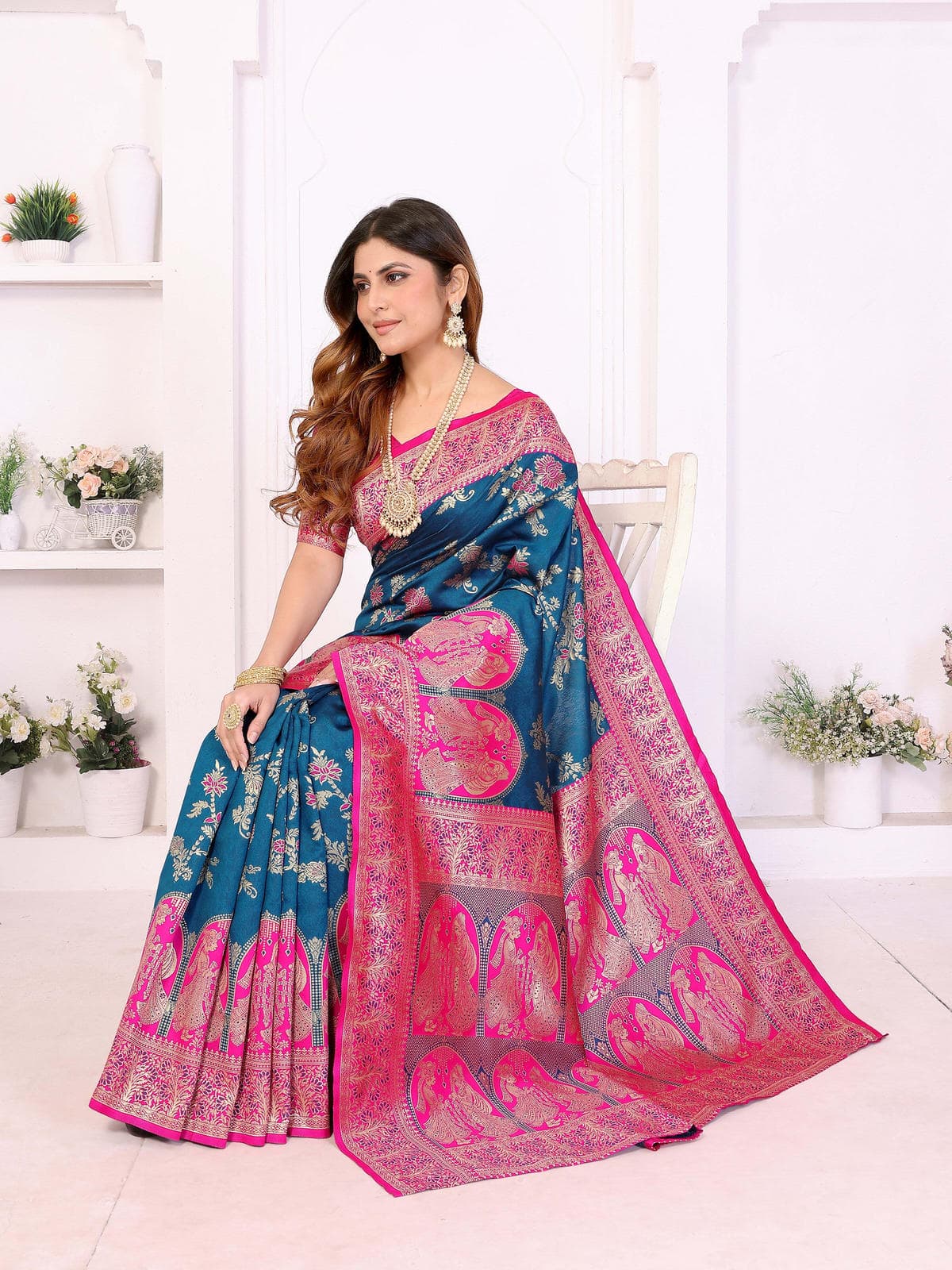 Teal & Hot Pink Traditional Woven Saree with Rich Golden Motifs – Festive & Wedding Wear - Filiate