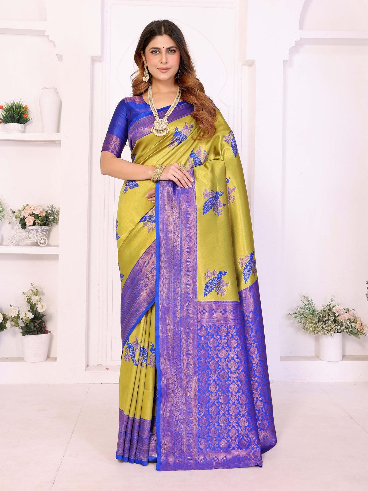 Banarasi Silk Saree in Olive Green & Royal Blue with Woven Peacock Motifs and Designer Border - Filiate