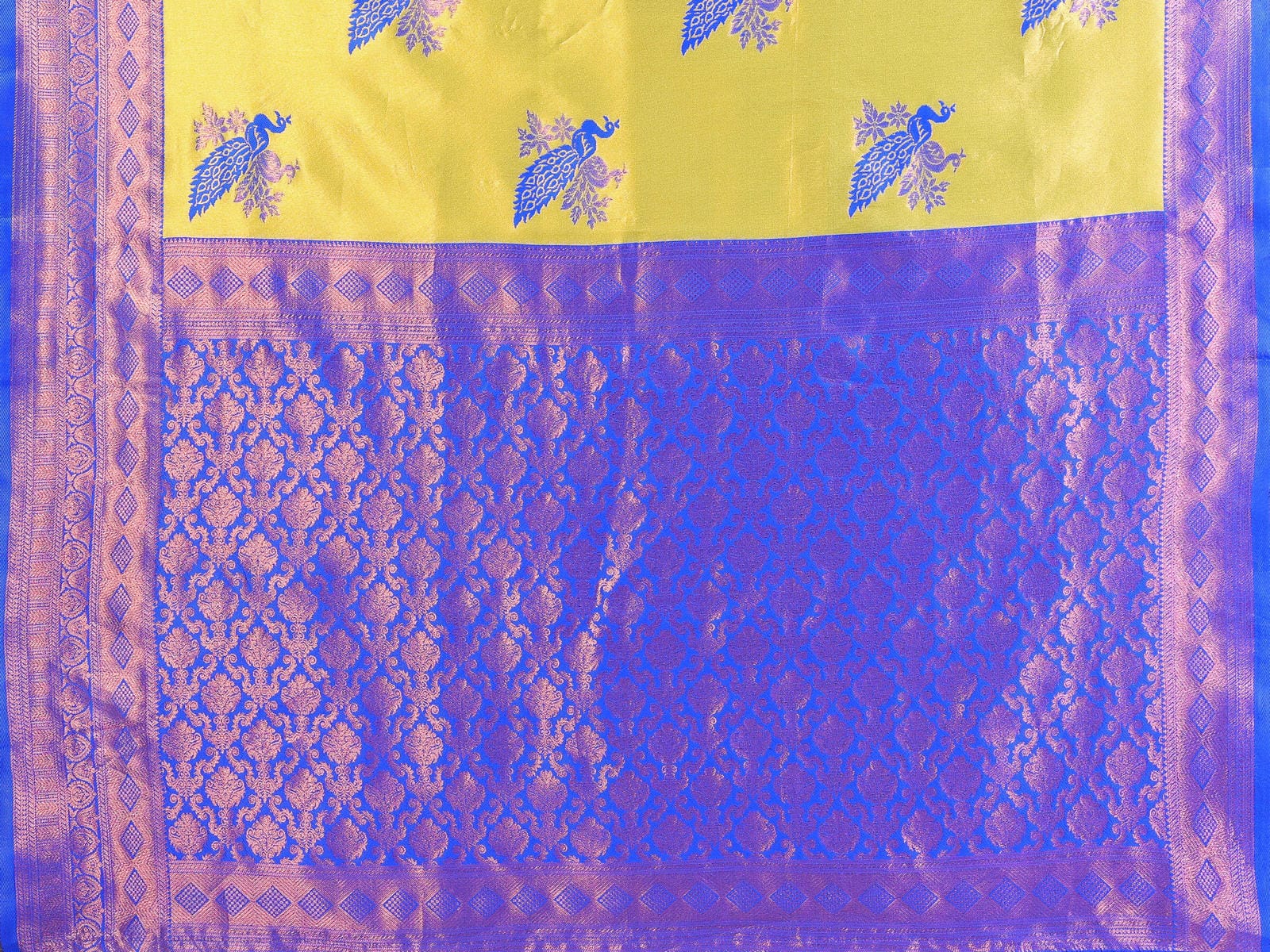 Banarasi Silk Saree in Olive Green & Royal Blue with Woven Peacock Motifs and Designer Border - Filiate