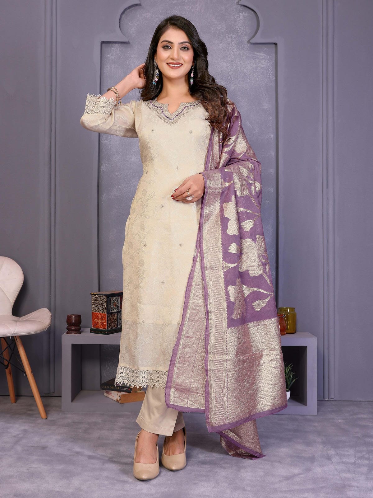 Beige Yoke Design Jacquard Silk Straight Suit Set With Dupatta - Filiate