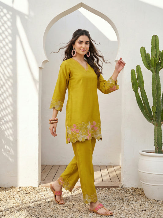 Mustard Yellow Embroidered Cotton Co-Ord Sets