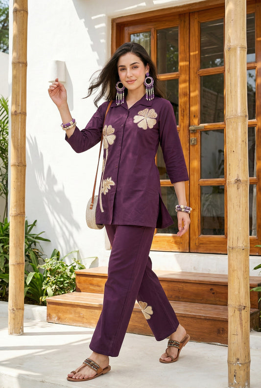 Plum Purple Embroidered Cotton Co-Ord Sets