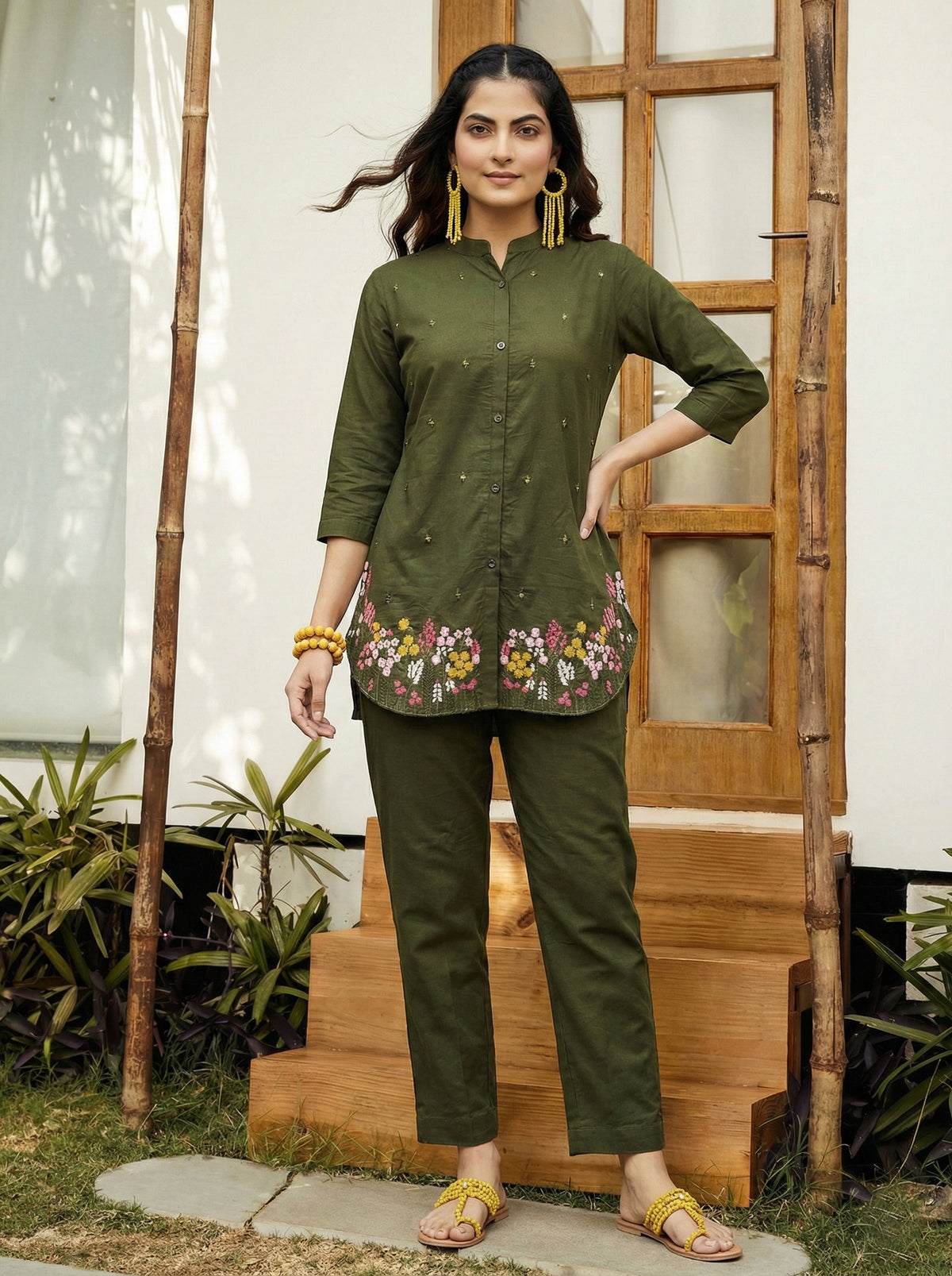 Olive Green Embroidered Cotton Co-Ord Sets