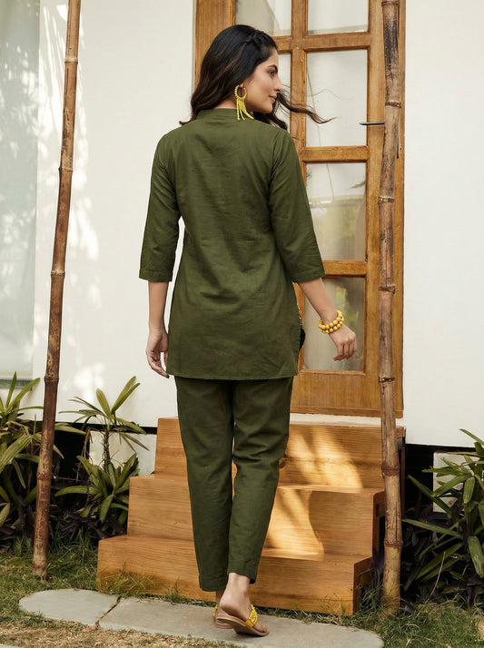 Olive Green Embroidered Cotton Co-Ord Sets