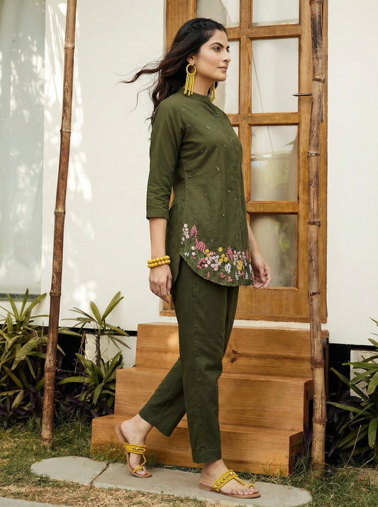 Olive Green Embroidered Cotton Co-Ord Sets