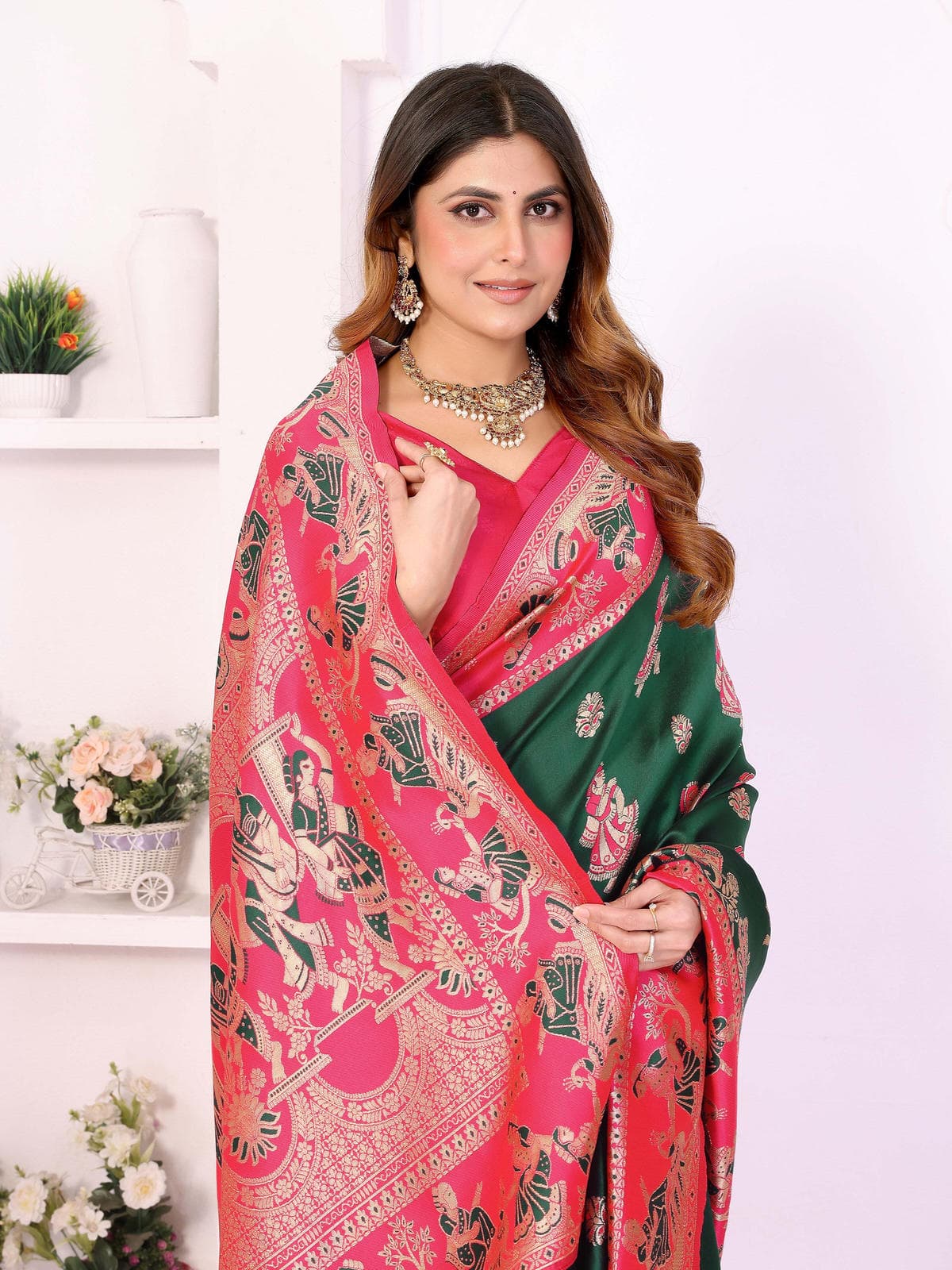 Green & Pink Traditional Printed Saree with Intricate Heritage Motifs – Festive & Wedding Wear - Filiate