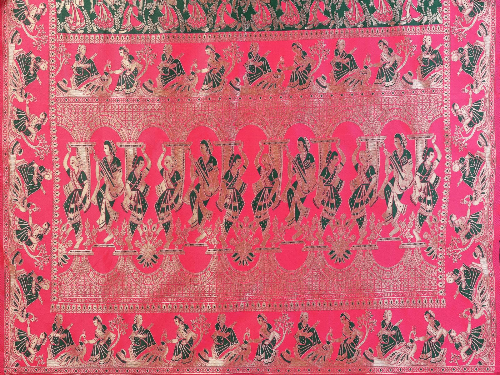 Green & Pink Traditional Printed Saree with Intricate Heritage Motifs – Festive & Wedding Wear - Filiate