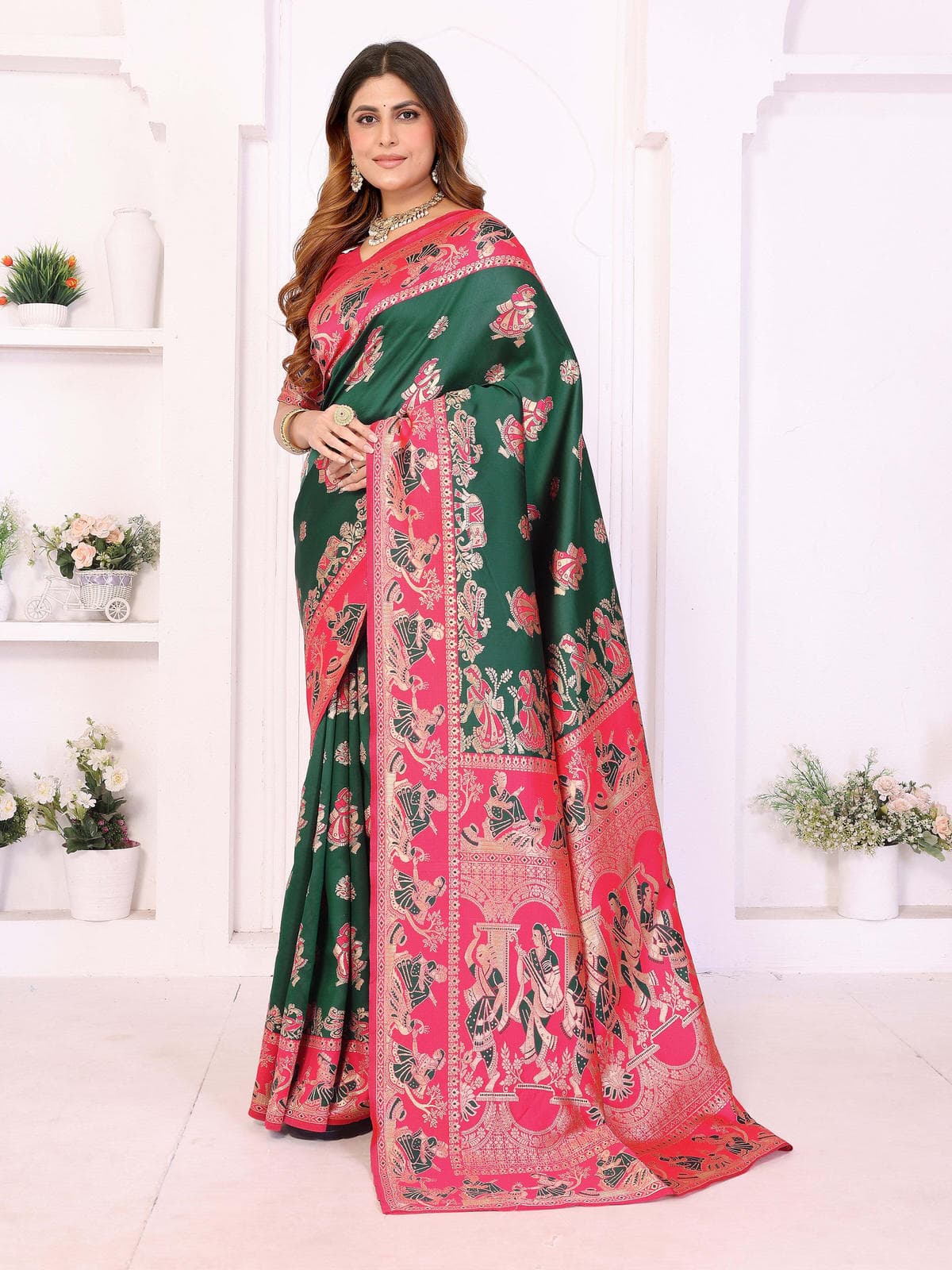 Green & Pink Traditional Printed Saree with Intricate Heritage Motifs – Festive & Wedding Wear - Filiate