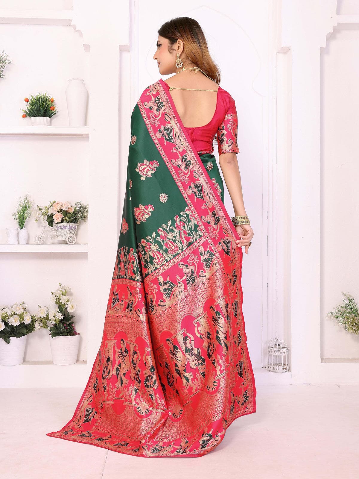 Green & Pink Traditional Printed Saree with Intricate Heritage Motifs – Festive & Wedding Wear - Filiate