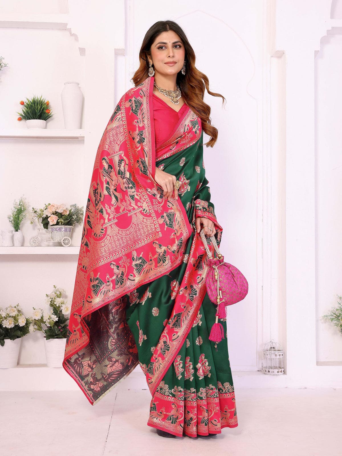 Green & Pink Traditional Printed Saree with Intricate Heritage Motifs – Festive & Wedding Wear - Filiate