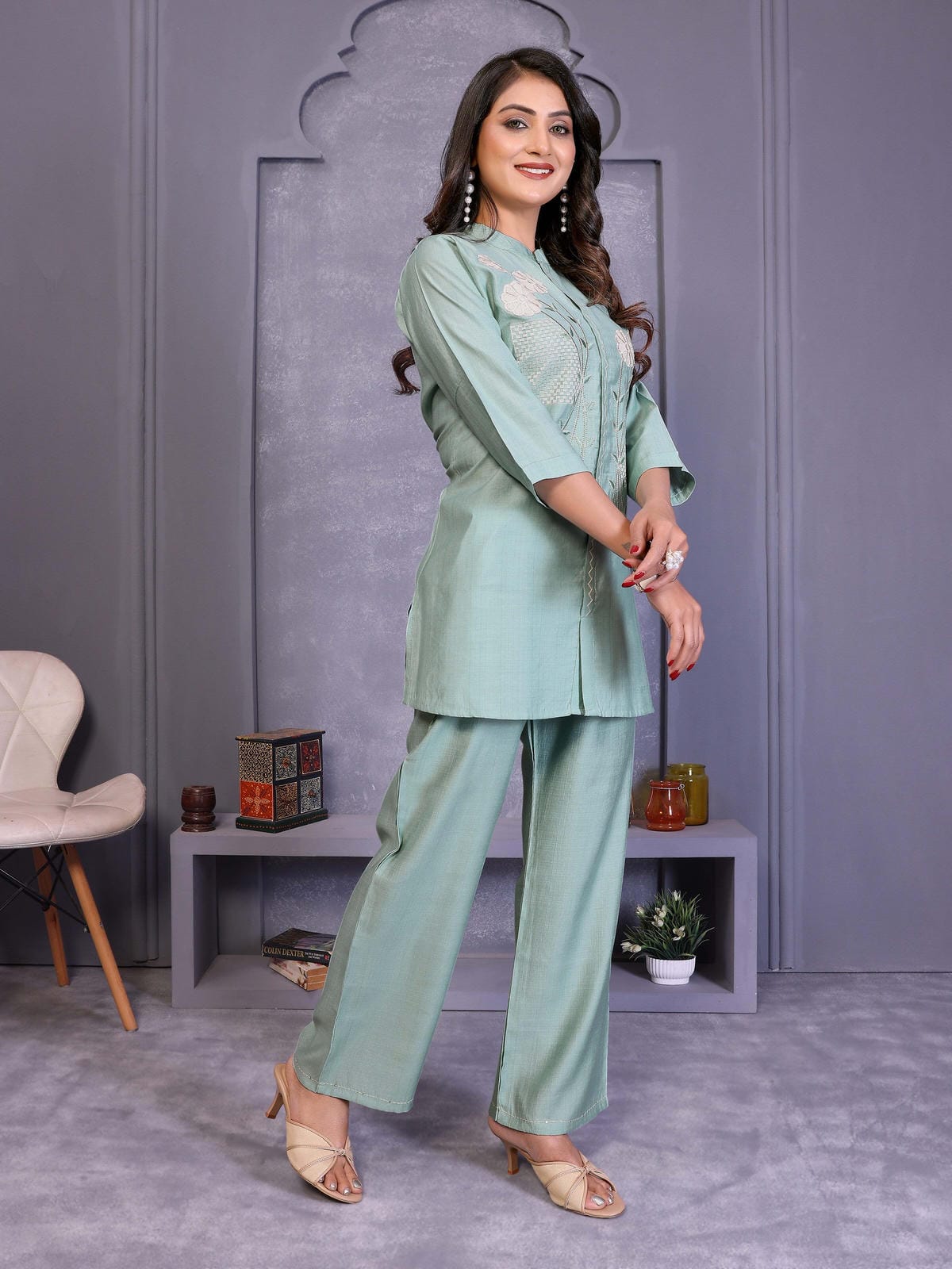 Grey Embroidered Vatican Silk Co-Ord Sets - Filiate