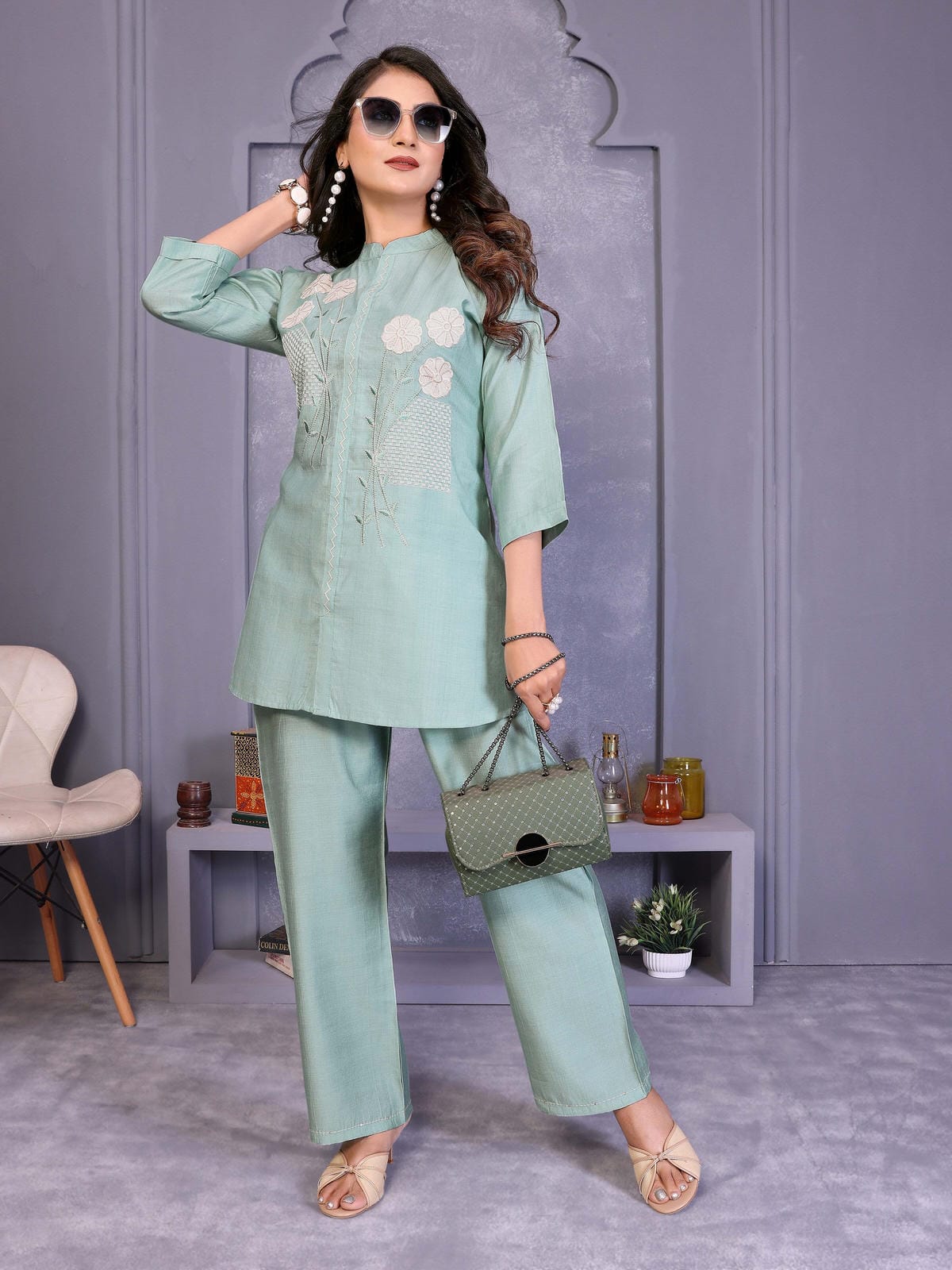 Grey Embroidered Vatican Silk Co-Ord Sets - Filiate