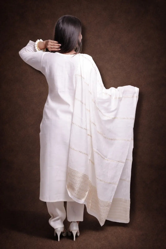 White Embroidered Kurta Set with Dupatta for Women | Elegant Festive Ethnic Wear