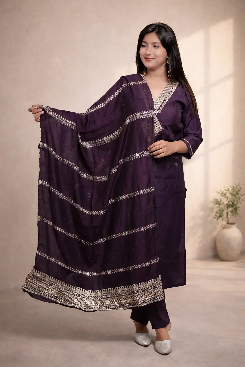 Deep Purple Kurta Set with Dupatta for Women | Elegant Festive Ethnic Wear