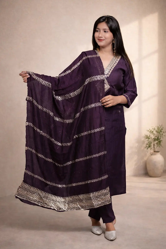 Deep Purple Kurta Set with Dupatta for Women | Elegant Festive Ethnic Wear
