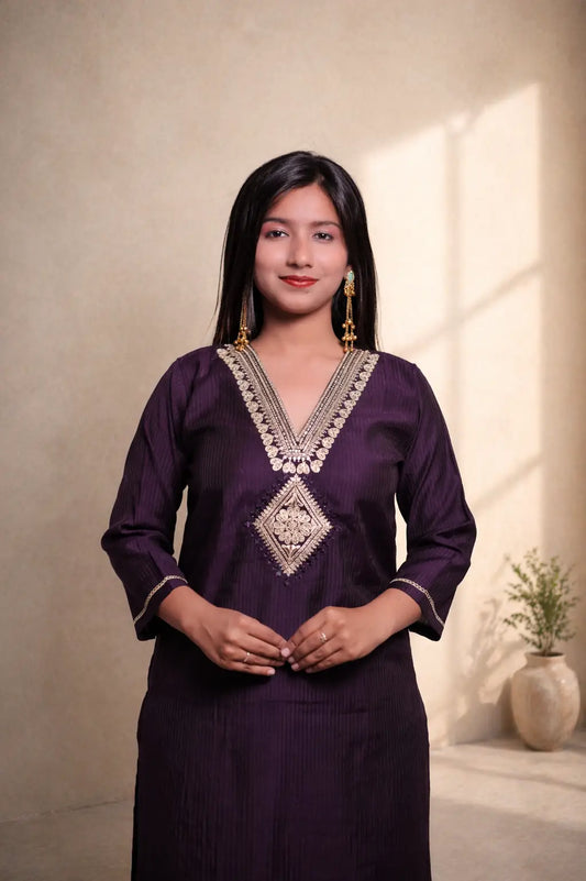 Deep Purple Kurta Set with Dupatta for Women | Elegant Festive Ethnic Wear