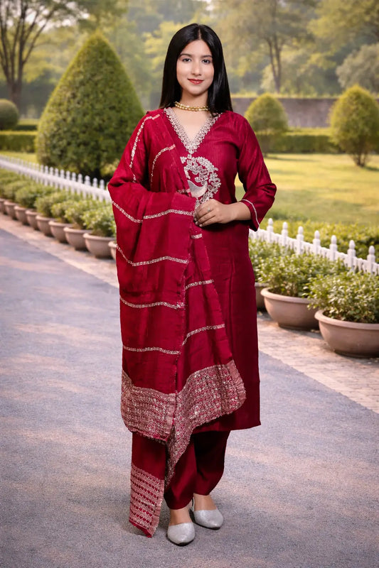 Red Embroidered Kurta Set for Women with Dupatta | Festive Ethnic Wear