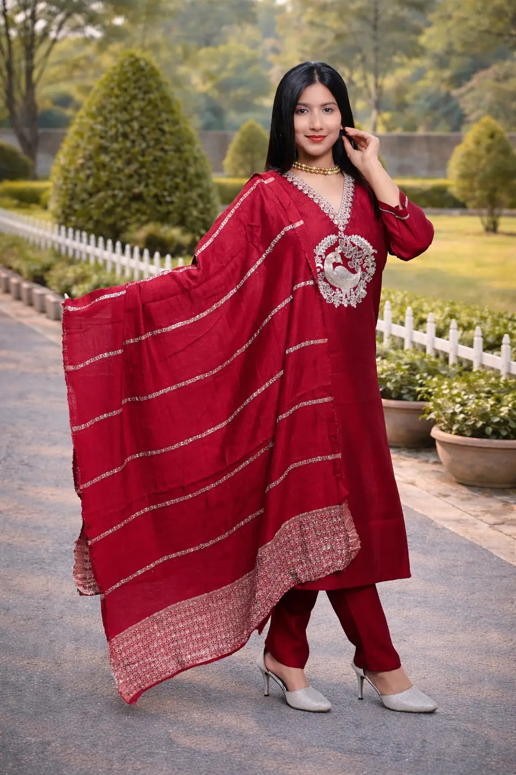 Red Embroidered Kurta Set for Women with Dupatta | Festive Ethnic Wear