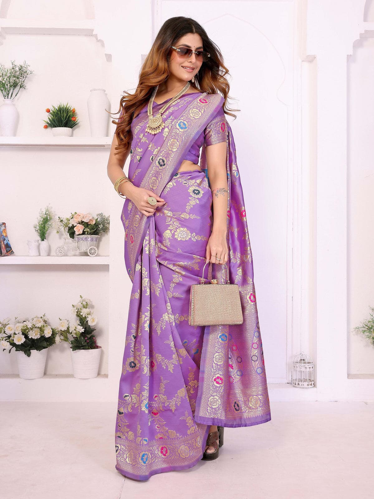 Lavender Golden Weaving Saree with Floral & Paisley Zari Design – Festive & Wedding Wear Saree - Filiate
