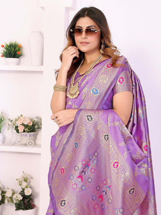Lavender Golden Weaving Saree with Floral & Paisley Zari Design – Festive & Wedding Wear Saree - Filiate