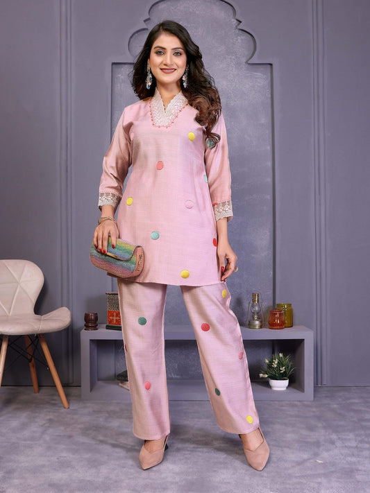 Light Pink Embroidered Vatican Silk Co-Ord Sets - Filiate