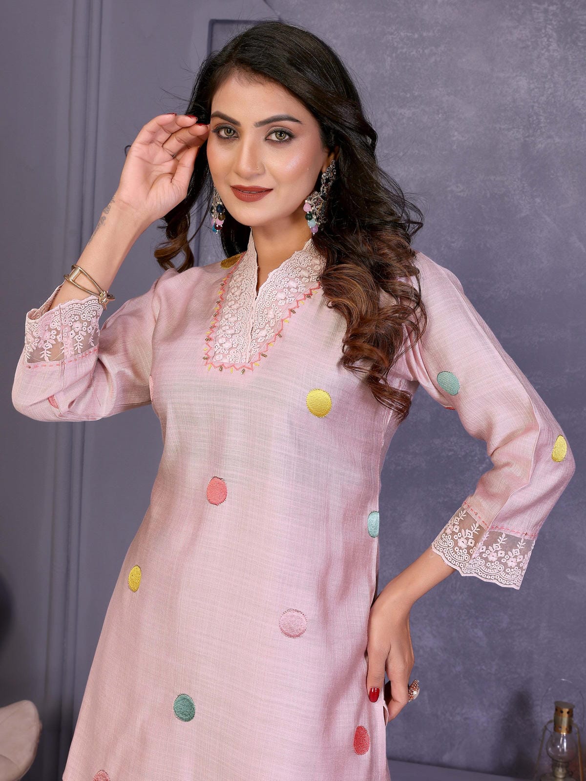 Light Pink Embroidered Vatican Silk Co-Ord Sets - Filiate