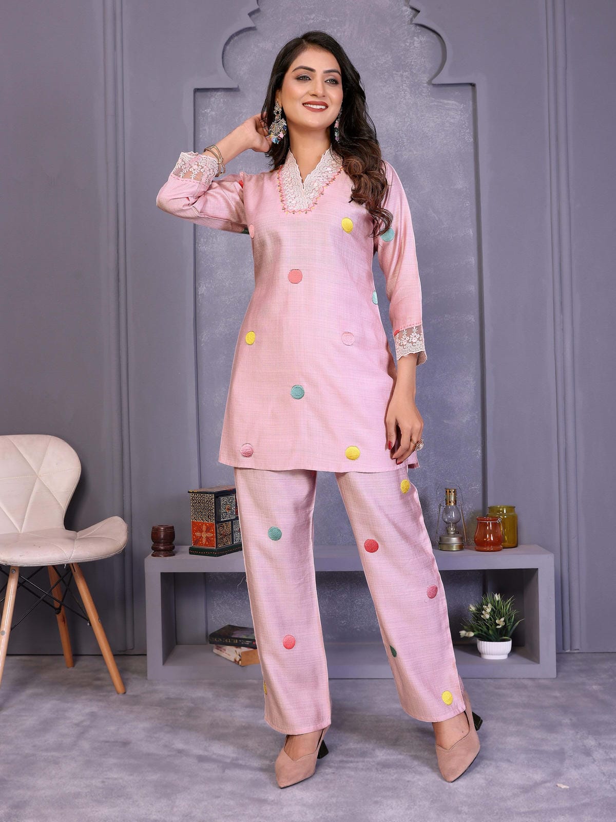 Light Pink Embroidered Vatican Silk Co-Ord Sets - Filiate