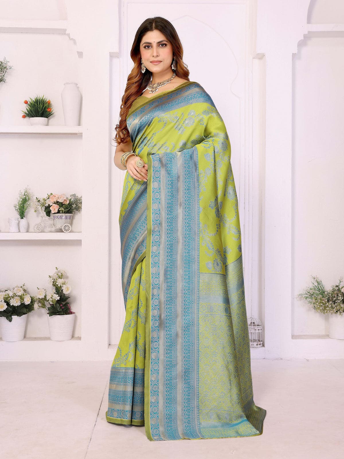 Lime Green & Sky Blue Banarasi Silk Weaving Saree with Rich Traditional Zari Border - Filiate